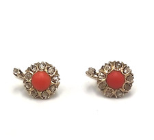 Orecchini antichi toppine in oro massiccio 9K con corallo e rosette di diamante