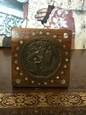 ANTICA TARGA SCRIVANIA LEGNO E METALLO con madreperla NOSTRA SIGNORA di FATIMA 1900