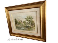 Antico Paesaggio Acquerello – Veduta Bucolica con Casolare e Lago – Incorniciato