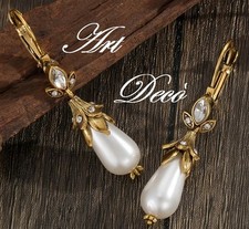 ORECCHINI ART-DECO' '30 cm.5 PERLE, BRILLANTI,LEGA ORO GIALLO/ARGENTO,BELLISSIMI