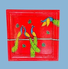 Pavone Dipinto Cornice IN Legno a Mano Placca da Parete Indiano Folk Arte Bird