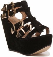 Donna Plateau Alto Scarpe Tagliato con Zeppa IN Camoscio Nero Misura UK 3 - 8