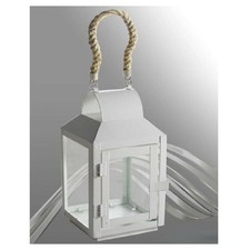 PORTA CANDELA LUMINO LANTERNA IN VETRO METALLO BIANCO CON MANICO IN CORDA 42263