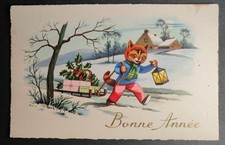 Cartolina Cpa Francia Buon Anno Gatto Slitta Regali Neve Vecchia Carta 0045