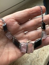 Collier vintage in argento maglia greca anni 40 modello deco’ quarzo rosa  onice