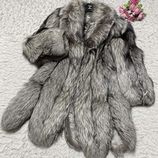 Autentica pelliccia di volpe argento cappotto lungo design capesante marrone scuro grigio donna