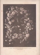ANTICA STAMPA DEL 1910 -  GHIRLANDA DI FIORI CON FARFALLE - CM 34,3 X 27,2