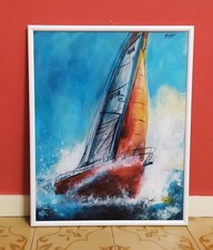 Quadro DIPINTO A MANO stile moderno impressionista barca a vela mare 50x40