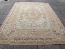 Sottile Vintage Fatto a Mano Francese Design Lana Blu Verde Originale Aubusson