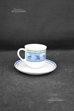 4 Tazzine In Ceramica Tognana Bianche Azzurre Fantasia Olive Con Piattini