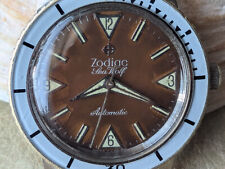 Vintage Zodiac Sea Wolf Diver con quadrante marrone tropicale, incisione USN, corona firmata