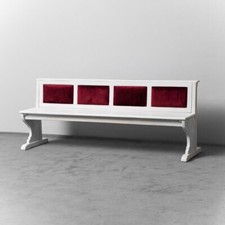 PANCHINA 4 POSTI IN LEGNO E VELLUTO BORDEAUX DESIGN ANNI 50 VINTAGE MODERNARIATO