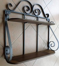 Mensola doppia rustica in ferro  battuto e legno parete libreria fioriera 