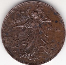 10 Centesimi Lire 1861 1911 Cinquantenario VITTORIO EMANUELE III BB