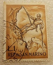 FRANCOBOLLO-REPUBBLICA SAN MARINO-SCALATORE-1 LIRA-1962 FILIGRANA ELICA