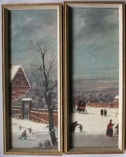 2 antiche stampe paesaggi invernali cornici coeve inverno neve casolare carrozza