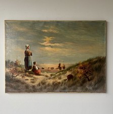 Dipinto ad olio olandese inizio XX secolo - Donne in dune con mulini a vento