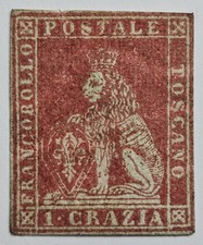 ITALIA TOSCANA RARITÀ 1851 1cr Carminio su Azzurro NO GOMMA (24000€ con Gomma). Sa4b