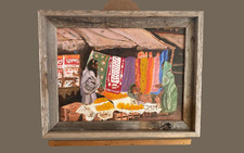Dipinto Olio Su Tela Tavola Arte Popolare Marocchina Scena Mercato 10" X 15" Firmato Rex