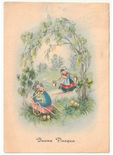 1968 bambina secchi d'acqua carretto uovo di Pasqua regalo cartolina vintage