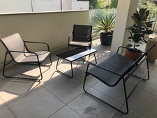 Salotto da Esterno Set di Divano, 2 Poltrone, Tavolino in acciaio,tela e vetro 