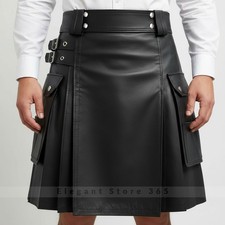 Kilt scozzese uomo vera pelle di mucca fatto a mano plissettato romano tasche cargo nero