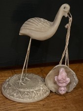 Small Vintage Wax Stork with Baby in a Basket in its Beak, Baptismal? Birth?