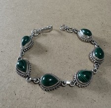Bracciale Argento 925 E Cabochon A Goccia Di Malachite Verde Etnico 21.5GR 19CM