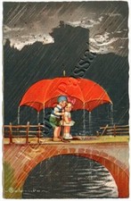 Bambini su ponte sotto la pioggia con ombrello - 1934 / illustratore Colombo