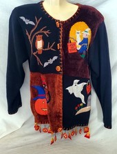 GREAT Halloween Cardigan Sweater Pumpkins Witches Cats Owl by Lisa Intrnatinl
