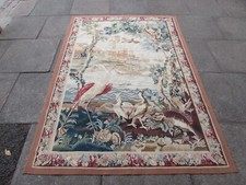 Vintage Fatto a Mano Francese Design Originale Lana Verde Aubusson Arazzo Con