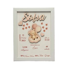 Quadretto nascita femminuccia personalizzato con nome orsetto e cuori in legno