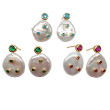 Orecchini a perno perle moneta bianca acqua dolce pavè zirconi colore muti gioielli