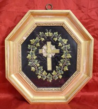 RICAMO FILO ORO E SETA CROCE  1800 con cornice ottagonale dorata