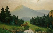 Dipinto a olio vintage impressionista paesaggio fluviale di montagna cervo