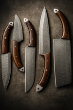 Set 5 Coltelli Chef Acciaio Damascato Forgiato – Manico Legno/Oso, Made in Italy