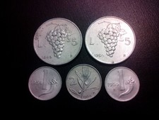 lotto 5 monete - 5 Lire 1949 1950  Uva - 1 lira cornucopia - 2 lire Olivo