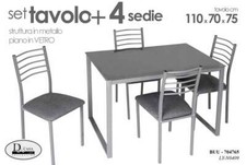 TAVOLO RETTTANGOLARE + 4 SEDIE METALLO SALVASPAZIO PIANO VETRO TEM PRANZO GRIGIO