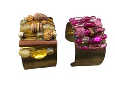 2 BRACCIAL1 CERCHIO METALLO PERLINE ROSA MARRONE E GIALLO BRACCIALETTO CM 4