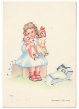 1940 Soffiantini cartolina pasquale vintage bambina bambole pulcino culla