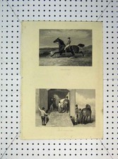 Vecchia stampa antica originale C1865 corsa trotto cavalli furgone fantino trasporto XIX
