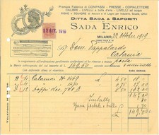 Fattura int. SADA & SAPORITI di Sada Enrico. Compassi, Calibri. Milano, 1919