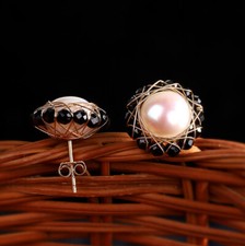 K03 Orecchini Romantico Perla Nero Bordo Con Oro Filo Argento 925