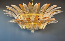 Lampadario Murano Palmette Originale, due livelli, 82 bicchieri ambrati e trasparenti