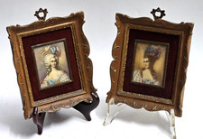 Coppia Miniature Antiche Ritratti Dama Rococò Luigi XVI Dipinto a Mano e Cornice