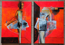 Coppia di dipinti olio su tela ballerine a sfondo rosso firmate Aga Braunek