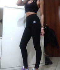 pantaloni donna vita alta Leggins Nero Costine S M 