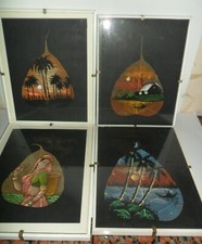 VECCHI QUADRI DI SCHELETRI FOGLIE DI PIPAL FICUS RELIGIOSA DIPINTE A MANO INDIA