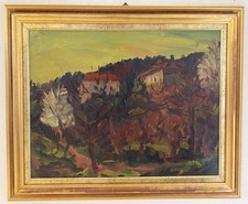 DIPINTO OLIO Carlo Monti VEDUTA PAESAGGIO RURALE BOSCO CASE ARONA LAGO MAGGIORE