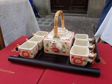 SERVIZIO DA THE TIBETANO IN CERAMICA CON 6 TAZZINE + TEIERA E VASSOIO IN LEGNO